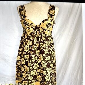 Pow WOW 100% Silk Floral Dress Womens 14 Baby doll Fairy Smocked yellow/Brown